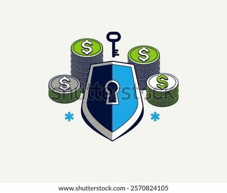 Financial safety vector detailed icon, shield and money composition, secured bank account, safe private finances.