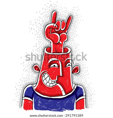 Vector illustration of an excited rocker with rock on symbol showing from his head. Hand drawn picture of cool rock n roll music fan.