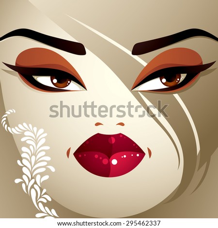 Emotional expression on the face of a cute girl.  Angry woman with a modern makeup and stylish hairdo with locks.