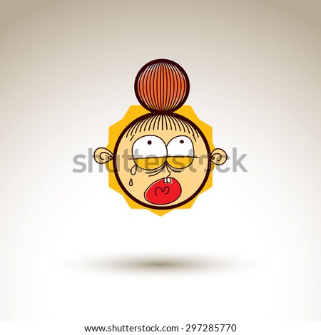 Vector artistic colorful drawing of sad crying girl with beautiful hairstyle, social network design element isolated on white. Childish illustration, emotions and human temperament concept.