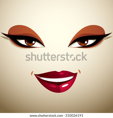 Beautiful glad smiling woman eyes and lips, stylish makeup. People positive facial emotions, happiness.