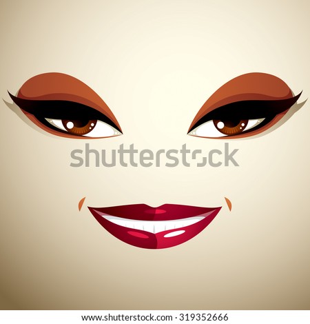 Coquette glad smiling woman eyes and lips, stylish makeup. People positive facial emotions, happiness.