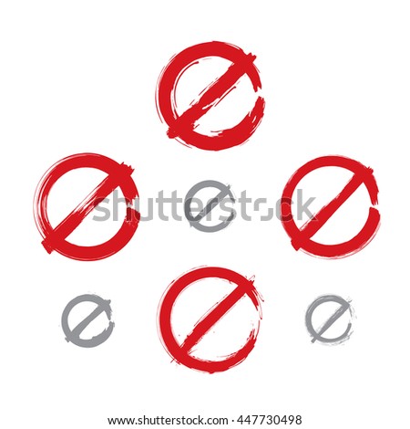 Set of hand-drawn simple vector prohibition icons, collection of brush drawing red realistic ban symbols, hand-painted prohibition sign isolated on white background.