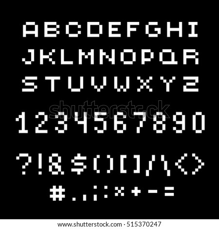Vector modern numbers, letters and punctuation marks created in technology style. Geometric pixilated digits and font, 3d dotted 8 bit numeration from 0 to 9.