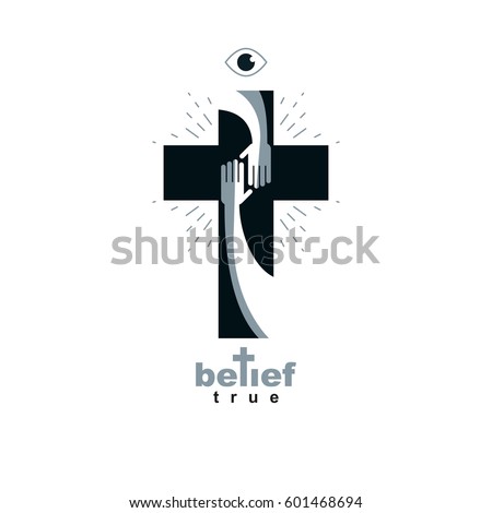 Hand of believer extends to the hand of God, helping and love of Jesus.
Christian Cross true belief in God vector symbol, Christianity religion icon.
