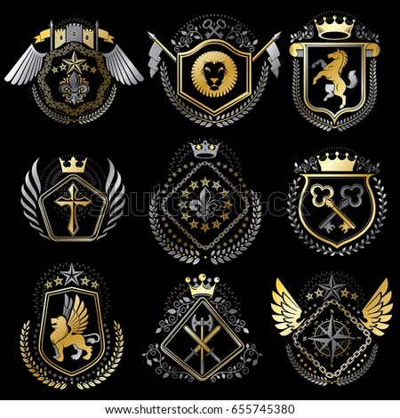 Set of luxury heraldic vector templates. Collection of vector symbolic blazons made using graphic elements, royal crowns, medieval castles, armory and religious crosses.