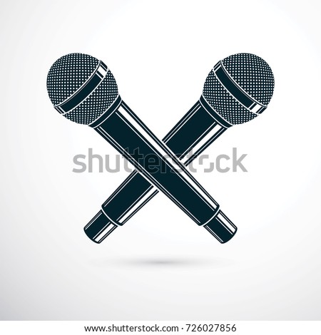 Two microphones crossed, vector illustration. Social media influence, broadcasting concept.