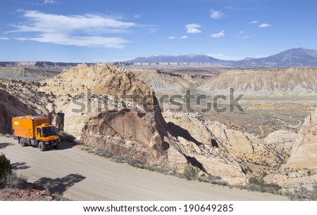 CAPITOL REEF NATIONAL PARK, UTAH, USA - May 2: Custom Expedition Vehicle RV driving Burr Trails Switchbacks in the Capitol Reef, Utah on May 2, 2014.