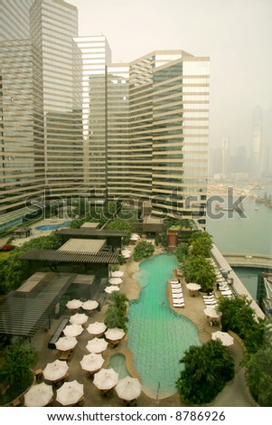 Early morning view from five-star hotel in Hong Kong, China