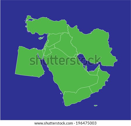 A country map of the middle east in green and blue