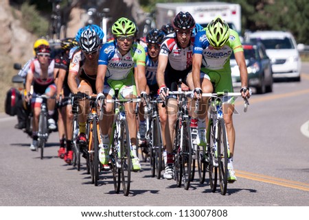 BOULDER, CO - AUGUST 25, 2012:  Cyclists compete in the 2012 USA Pro Cycling Challenge on August 25, 2012 in Boulder, CO