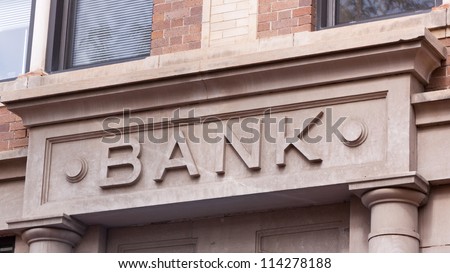 Bank Sign Carved in Stone on Building in Historic Downtown
