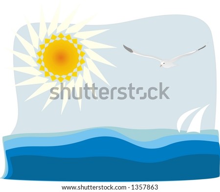 Flying seagull, sun and sea