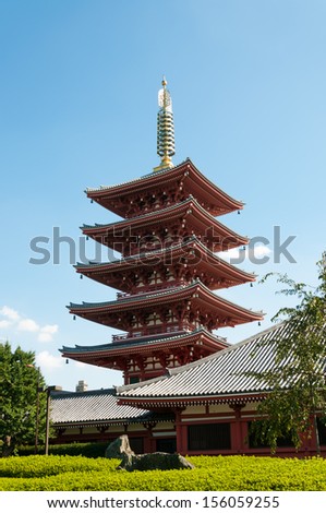 The ornate five-storey pagoda at Sensoji Temple in Tokyo, Japan.