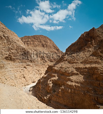 The mouth of the river in the mountains of the former in the Judean Desert near the Dead Sea. Israel.