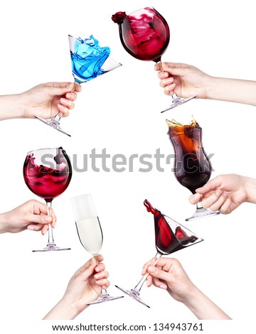 celebrate the holiday background - hands with drinks making toast. wine,cola, cocktail,champagne