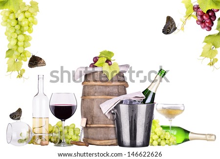 champagne, red and white  wine,barrel,ice bucket,food,grapes isolated over white background