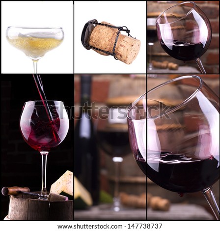 red and white wine, champagne collage with barrel, bottle, food, grape
