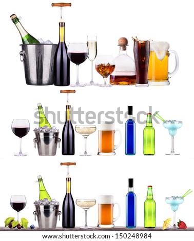 red wine, champagne,beer,alcohol cocktail  with corkscrew,grape,Blue berrie, ice bucket on a vintage wooden table isolated