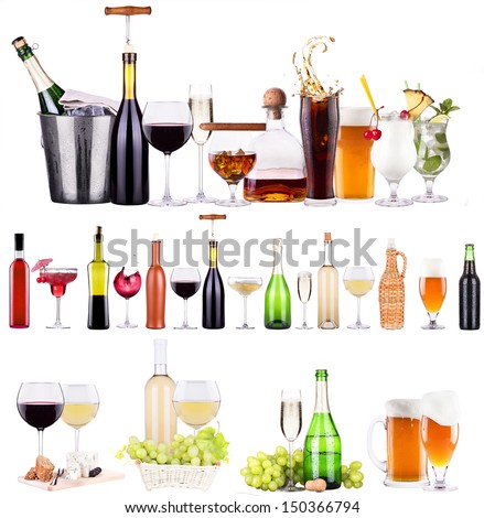 champagne, red and white  wine,beer,ice bucket,food,grapes,cola,juice isolated over white background