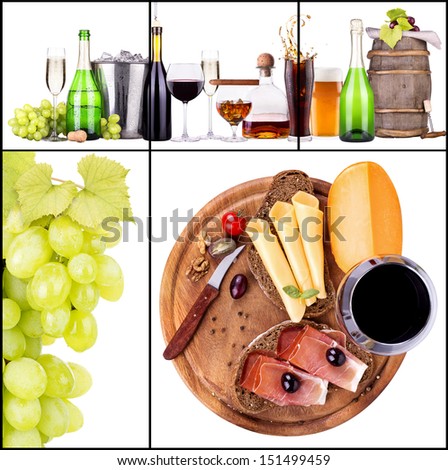 Set of different alcoholic drinks and food - beer, martini, grapes, cheese, bread, burger, champagne, whiskey, wine, cola, cocktail