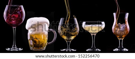 alcohol drinks set isolated on a black background - beer,wine,champagne,scotch,soda