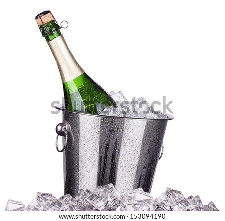 Champagne bottle in a bucket with ice on the white