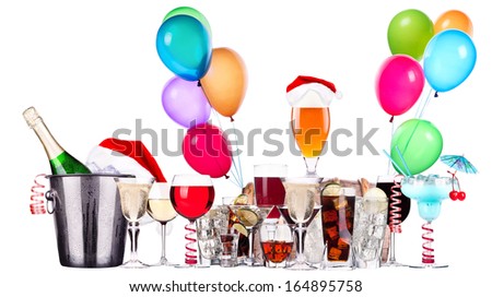 alcohol drinks set  with lot of air balloons - beer, wine, champagne, cola, scotch, brandy