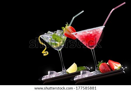 alcohol cocktail set on a black. Berry cooler cocktail, martini, mojito,  Pina Colada