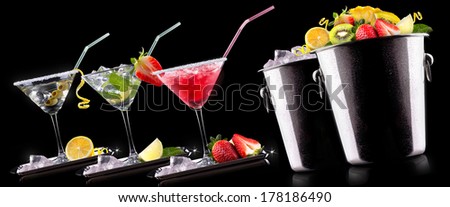 alcohol cocktail set with tasty summer fruits. Berry cooler cocktail, martini, mojito,  Pina Colada