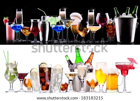 different alcohol drinks set  - beer, wine, cocktail,juice, champagne, scotch, soda