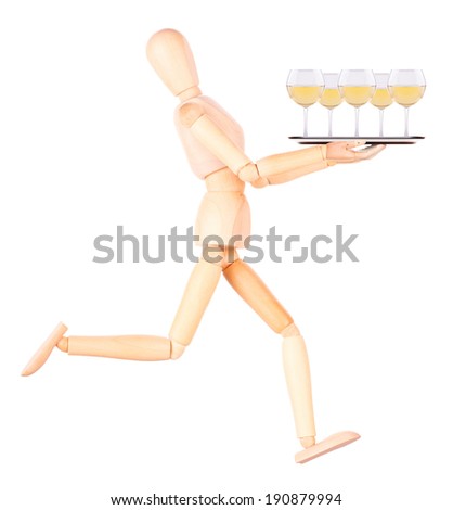 wooden Dummy waiter with wine on silver tray Isolated Over White Background