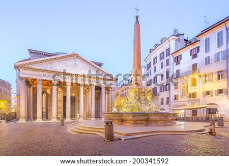 View of Pantheon, Rotonda square and Fountain at night light. Rome, Italy