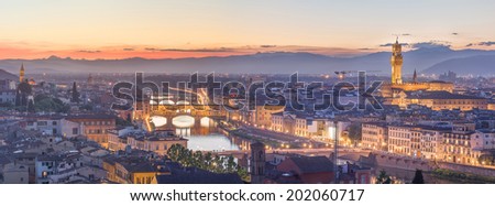 Arno River, Ponte Vecchio, Vecchio Palace, Basilica of Santa Croce, Boboli gardens and Bardini garden at sunset Florence