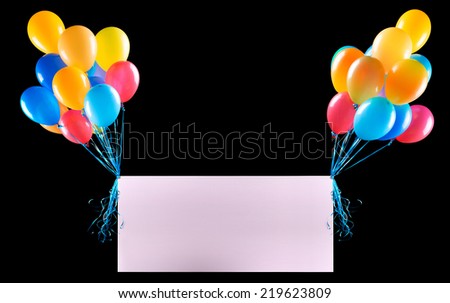 Holiday banners with colorful balloons isolated on black