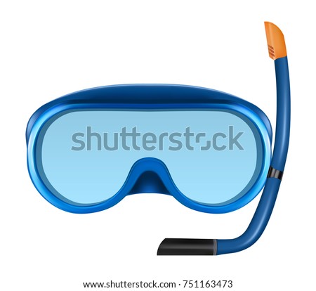 Blue diving or snorkel mask with tube. Realistic vector illustration of snorkeling equipment