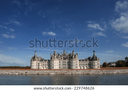 Chateau de Chambord, royal medieval french castle and reflection. Loire Valley, France, Europe. Unesco heritage site. Long exposure.