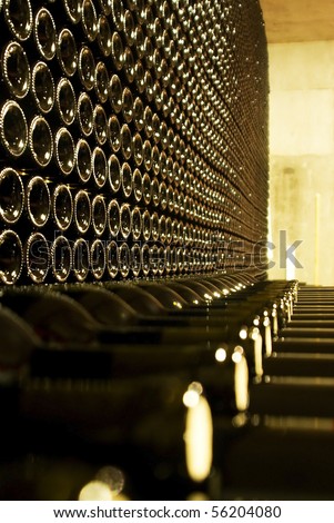 Bottles of red wine wine in the cellar of a wine estate.