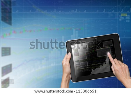 Tablet with business Chart-icons background.