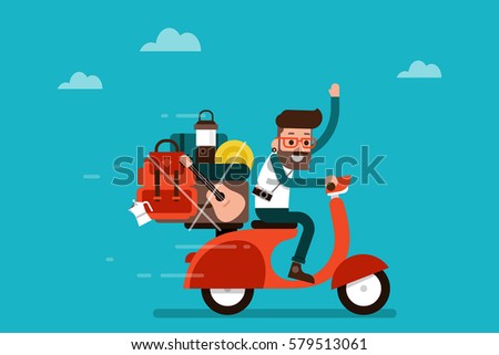 Man going vacation on a scooter, flat design illustration.