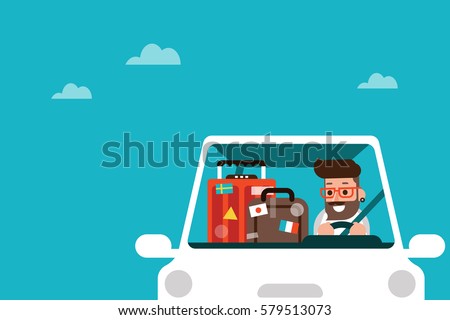 Man driving car on road trip travel vacation.