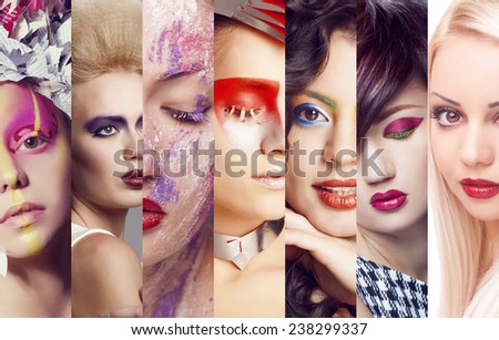 Beauty collage. Faces of women with fashion creative make-up
