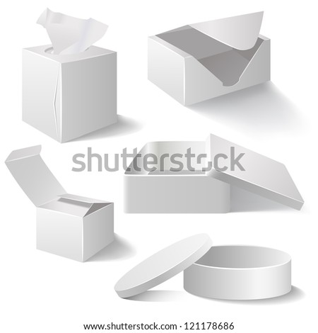 Five white boxes isolated on white