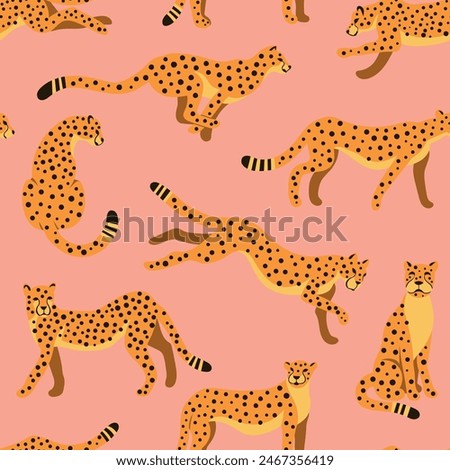 Graceful figures of cheetahs in motion, running, hunting, jumping on pink background. Vector seamless pattern for children's clothing, zoo animal tropical playroom decor.