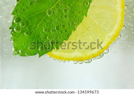Lemon slice, mint leaf and soda