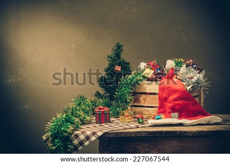 still life art photography, Christmas scene with tree gifts.