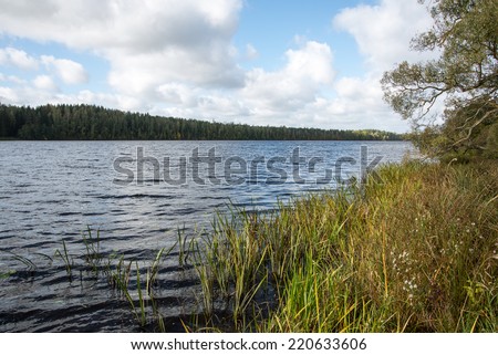 Autumn lake with reflections of trees and clouds