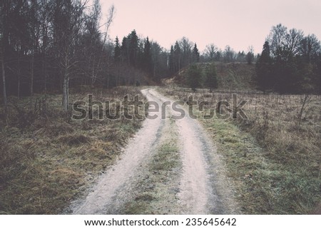 icy rural landscape with trees and land in countryside. vintage film effect retro