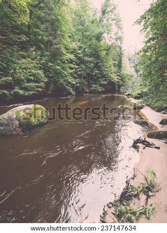 Mountain river with Flowing Water Stream and sandstone cliffs - retro ...