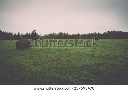 Country landscape under morning sky with clouds. Overcast sky before storm. - retro, vintage style look